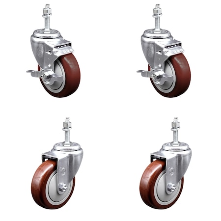 Service Caster 4 Inch SS Maroon Polyurethane Swivel 3/8 Inch Threaded Stem Caster Brake, 2PK SSTS20S414-PPUB-MRN-TLB-381615-2-S-2
